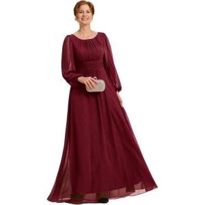 imageEverPretty Classic Round Neck Long Sleeves Empire Waist Floor Length Chiffon Mother of The Bride Dresses 0106BPHBurgundy