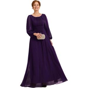 imageEverPretty Classic Round Neck Long Sleeves Empire Waist Floor Length Chiffon Mother of The Bride Dresses 0106BPHDark Purple