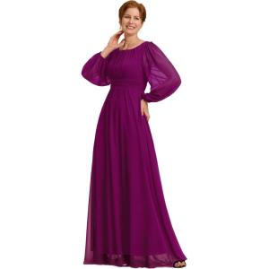 imageEverPretty Classic Round Neck Long Sleeves Empire Waist Floor Length Chiffon Mother of The Bride Dresses 0106BPHFuchsia