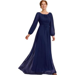 imageEverPretty Classic Round Neck Long Sleeves Empire Waist Floor Length Chiffon Mother of The Bride Dresses 0106BPHNavy Blue