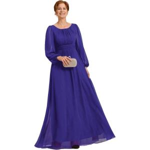 imageEverPretty Classic Round Neck Long Sleeves Empire Waist Floor Length Chiffon Mother of The Bride Dresses 0106BPHSapphire Blue