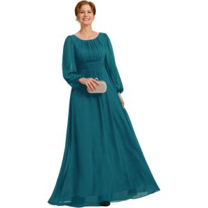 imageEverPretty Classic Round Neck Long Sleeves Empire Waist Floor Length Chiffon Mother of The Bride Dresses 0106BPHTeal