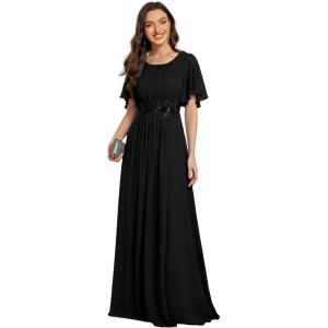imageEverPretty Womens Classic Round Neck Pleated Short Sleeves Chiffon Appliques Floor Length A Line Evening Dresses 02960Black