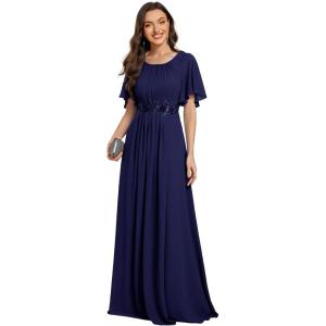 imageEverPretty Womens Classic Round Neck Pleated Short Sleeves Chiffon Appliques Floor Length A Line Evening Dresses 02960Navy Blue