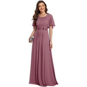 imageEverPretty Womens Classic Round Neck Pleated Short Sleeves Chiffon Appliques Floor Length A Line Evening Dresses 02960Orchid