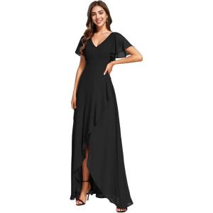 imageEverPretty Womens Double V Neck A Line Ruffle Hem Backless High Low Chiffon Bridesmaid Dresses 01749Black