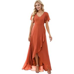 imageEverPretty Womens Double V Neck A Line Ruffle Hem Backless High Low Chiffon Bridesmaid Dresses 01749Burnt Orange