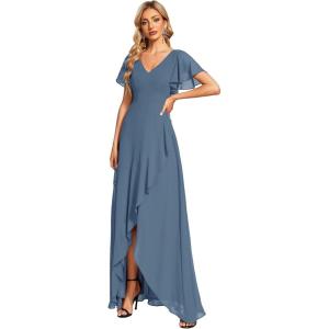imageEverPretty Womens Double V Neck A Line Ruffle Hem Backless High Low Chiffon Bridesmaid Dresses 01749Dusty Navy