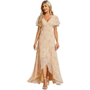 imageEverPretty Womens Double V Neck A Line Ruffle Hem Backless High Low Chiffon Bridesmaid Dresses 01749Golden Roses
