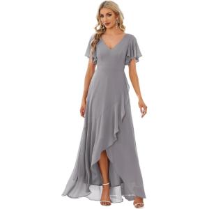 imageEverPretty Womens Double V Neck A Line Ruffle Hem Backless High Low Chiffon Bridesmaid Dresses 01749Grey