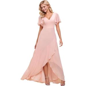 imageEverPretty Womens Double V Neck A Line Ruffle Hem Backless High Low Chiffon Bridesmaid Dresses 01749Pink