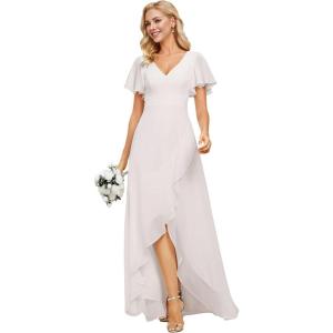 imageEverPretty Womens Double V Neck A Line Ruffle Hem Backless High Low Chiffon Bridesmaid Dresses 01749White