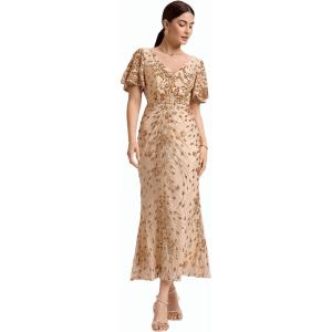 imageEverPretty Womens Gorgeous V Neck Sequin Tulle Short Sleeves Maxi Evening Gowns 02370Gold