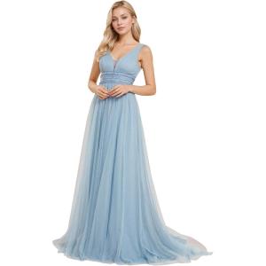 imageEverPretty Womens Sleeveless Tulle Prom Dresses ALine Long Formal Evening DressesLight Dusty Blue