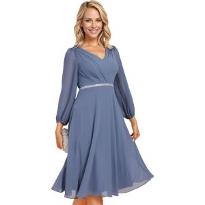 imageEverPretty Womens V Neck Chiffon Beading Pleated Midi Length Long Sleeves Formal Wedding Guest Dresses 31981Dusty Blue