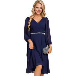 imageEverPretty Womens V Neck Chiffon Beading Pleated Midi Length Long Sleeves Formal Wedding Guest Dresses 31981Navy Blue