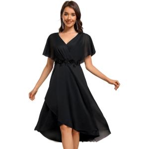 imageEverPretty Womens V Neck Short Sleeve Appliques Glitter HiLo Midi Semi Formal Dress 51159Black