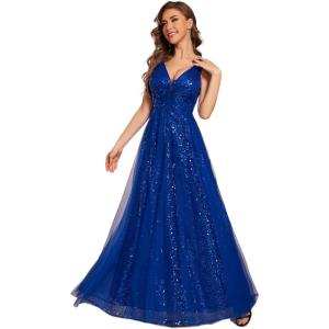 imageEverPretty Womens V Neck Sleeveless Formal Dresses A Line Sequin Maxi Evening Dresses 02163Sapphire Blue
