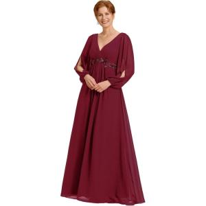 imageEverPretty Womens VNeck Chiffon ALine Waist Appliques Flowing Sleeves Floor Length Mother of The Bride Dresses 00461PHBurgundy