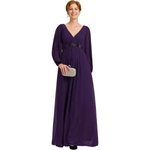 imageEverPretty Womens VNeck Chiffon ALine Waist Appliques Flowing Sleeves Floor Length Mother of The Bride Dresses 00461PHDark Purple