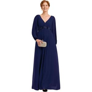 imageEverPretty Womens VNeck Chiffon ALine Waist Appliques Flowing Sleeves Floor Length Mother of The Bride Dresses 00461PHNavy Blue