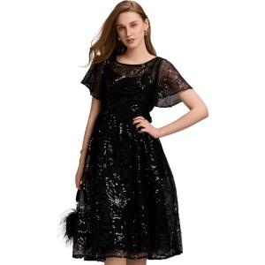 imageEverPretty Womens Round Neck Short Sleeves Sequin Tea Length ALine Wedding Guest Dresses 02364Black