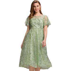 imageEverPretty Womens Round Neck Short Sleeves Sequin Tea Length ALine Wedding Guest Dresses 02364Mint Green