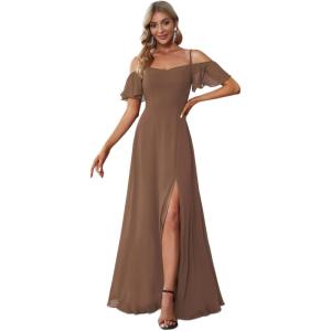 imageEverPretty Womens Formal Dresses Off Shoulder Short Sleeve Split ALine Floor Length Bridesmaid Dresses 0237Brown