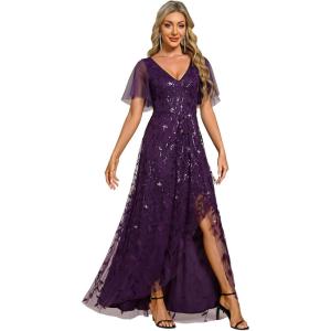 imageEverPretty Womens Shimmery Formal Dress V Neck Sequins ALine Side Slit Elegant Long Evening Dresses 02083Dark Purple