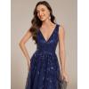 imageEverPretty Womens A Line V Neck Open Back Sleeveless Ruched Sequin Knee Length Formal Dress 02106Navy Blue