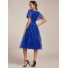 imageEverPretty Womens Elegant A Line Embroidery Tulle Sequins Short Sleeves Midi Wedding Guest Dress 02230Sapphire Blue