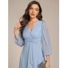 imageEverPretty Womens Elegant A Line Ruched V Neck Long Sleeves TeaLength Wedding Guest Dresses 01977Blue