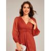 imageEverPretty Womens Elegant A Line Ruched V Neck Long Sleeves TeaLength Wedding Guest Dresses 01977Burnt Orange