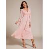 imageEverPretty Womens Elegant A Line Ruched V Neck Long Sleeves TeaLength Wedding Guest Dresses 01977Pink
