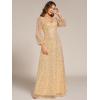 imageEverPretty Womens Sequin ALine V Neck Beaded Gown Long Sheer Sleeves Cocktail Evening Gown 01999Gold
