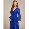 imageEverPretty Womens Sequin ALine V Neck Beaded Gown Long Sheer Sleeves Cocktail Evening Gown 01999Sapphire Blue