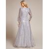 imageEverPretty Womens Sequin ALine V Neck Beaded Gown Long Sheer Sleeves Cocktail Evening Gown 01999Silver