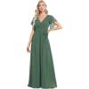 imageEverPretty Womens Bridesmaid Dress VNeck Ruffle Sleeves Ruched Bust Floor Length Chiffon Formal Dresses 0164AEucalyptus Green