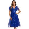 imageEverPretty Womens Elegant A Line Embroidery Tulle Sequins Short Sleeves Midi Wedding Guest Dress 02230Sapphire Blue