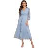 imageEverPretty Womens Elegant A Line Ruched V Neck Long Sleeves TeaLength Wedding Guest Dresses 01977Blue