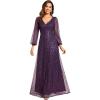 imageEverPretty Womens Sequin ALine V Neck Beaded Gown Long Sheer Sleeves Cocktail Evening Gown 01999Dark Purple