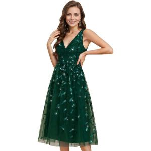 imageEverPretty Womens A Line V Neck Open Back Sleeveless Ruched Sequin Knee Length Formal Dress 02106Deep Green