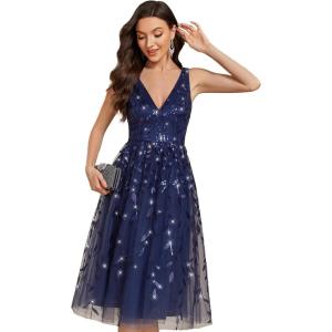 imageEverPretty Womens A Line V Neck Open Back Sleeveless Ruched Sequin Knee Length Formal Dress 02106Navy Blue