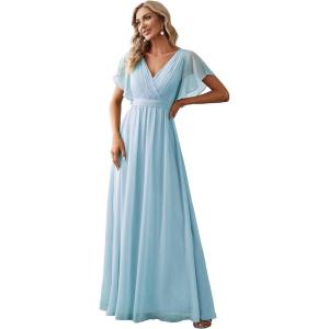 imageEverPretty Womens Bridesmaid Dress VNeck Ruffle Sleeves Ruched Bust Floor Length Chiffon Formal Dresses 0164ABlue