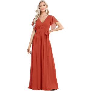 imageEverPretty Womens Bridesmaid Dress VNeck Ruffle Sleeves Ruched Bust Floor Length Chiffon Formal Dresses 0164ABurnt Orange