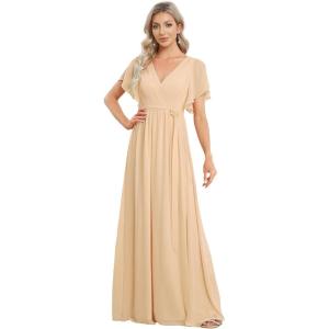 imageEverPretty Womens Bridesmaid Dress VNeck Ruffle Sleeves Ruched Bust Floor Length Chiffon Formal Dresses 0164AChampagne