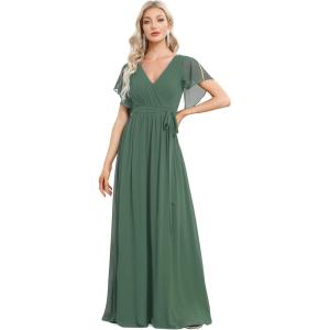 imageEverPretty Womens Bridesmaid Dress VNeck Ruffle Sleeves Ruched Bust Floor Length Chiffon Formal Dresses 0164AEucalyptus Green