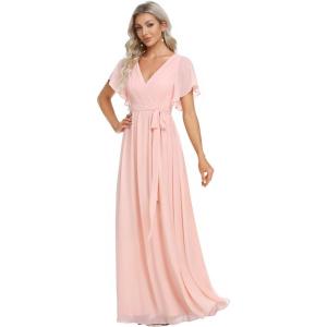 imageEverPretty Womens Bridesmaid Dress VNeck Ruffle Sleeves Ruched Bust Floor Length Chiffon Formal Dresses 0164APink
