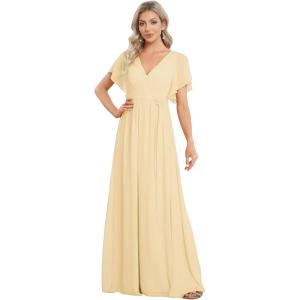 imageEverPretty Womens Bridesmaid Dress VNeck Ruffle Sleeves Ruched Bust Floor Length Chiffon Formal Dresses 0164AYellow
