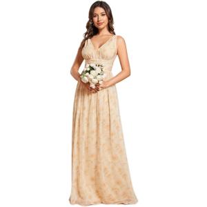 imageEverPretty Womens Bridesmaid Dress VNeck Sleeveless A Line Chiffon Floor Length Formal Dress 09016Golden Roses